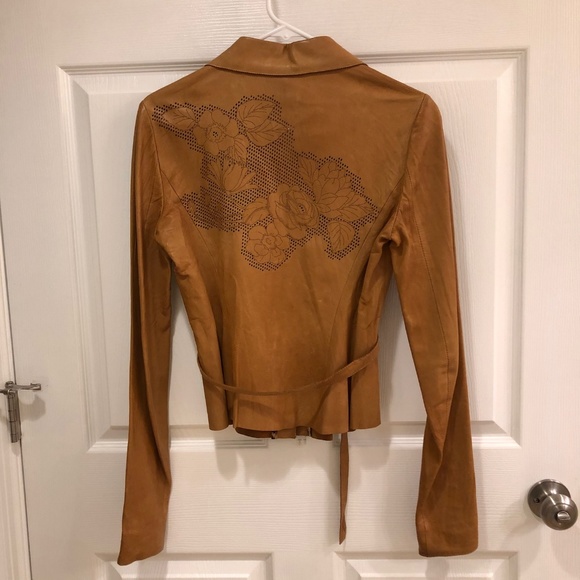 Roberto Cavalli Belted Leather Jacket w/ Rose Back - Picture 2 of 2